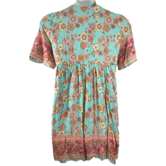 Boho Floral Print Tassel V-Neck Sleeve Smock Mini swim Coverup Dress SKU1101 - Picture 8 of 9